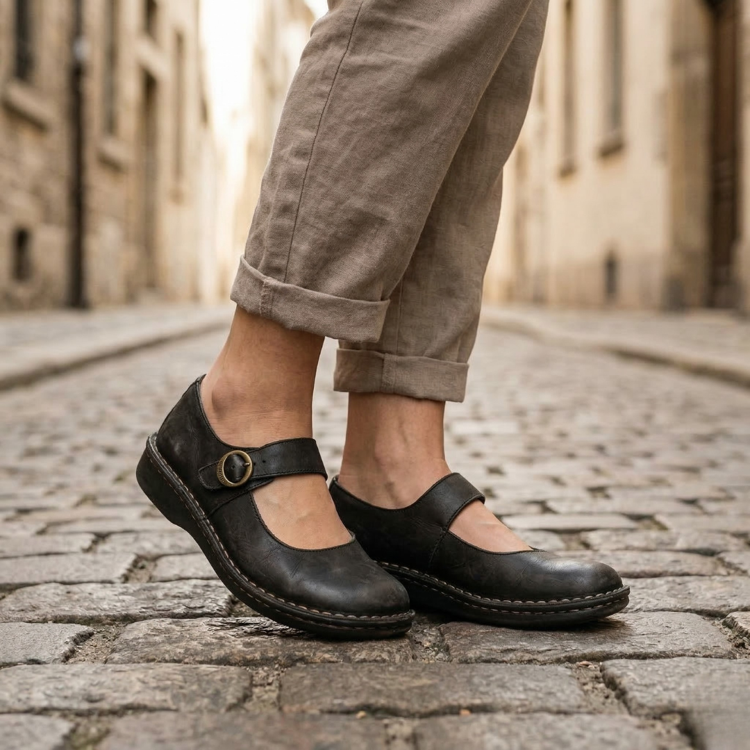 Women’s Leather Mary Jane Shoes Low Heel Comfort Buckle Flats
