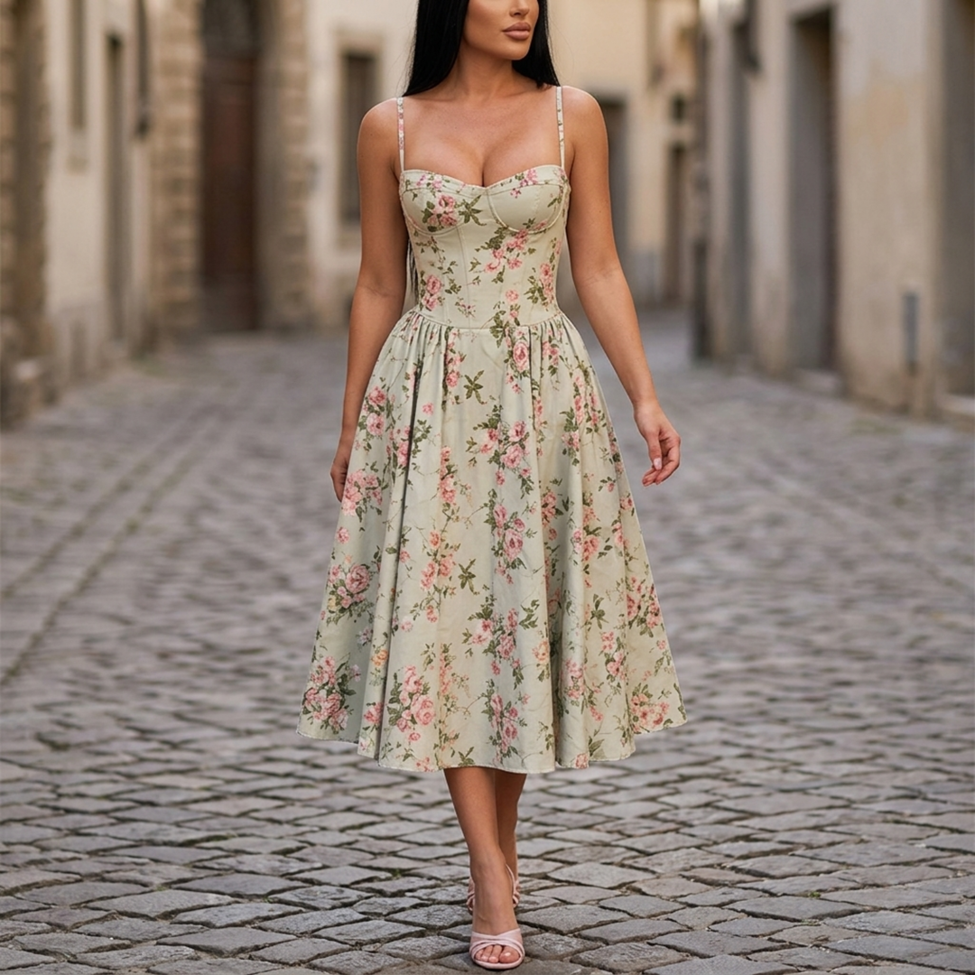 Women’s Floral Sweetheart Midi Dress Vintage-Inspired