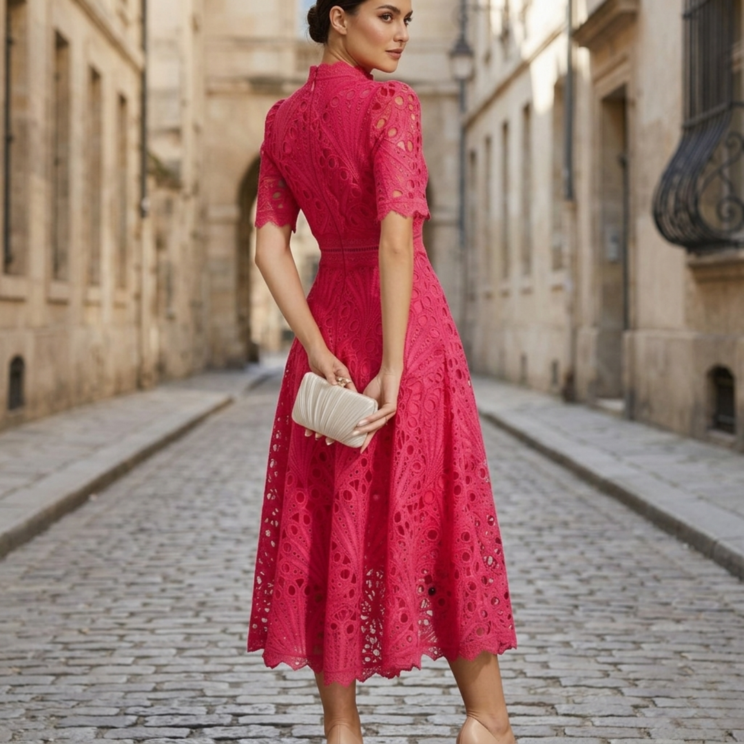 Lace Midi Dress Women High Neck Elegant Formal Party Dress