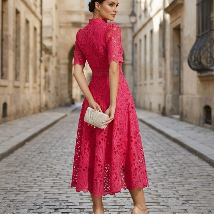 Lace Midi Dress Women High Neck Elegant Formal Party Dress