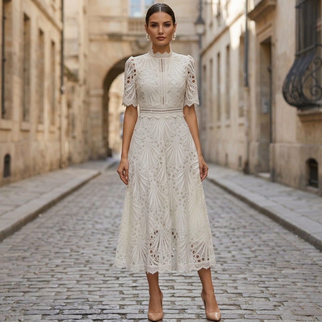 Lace Midi Dress Women High Neck Elegant Formal Party Dress