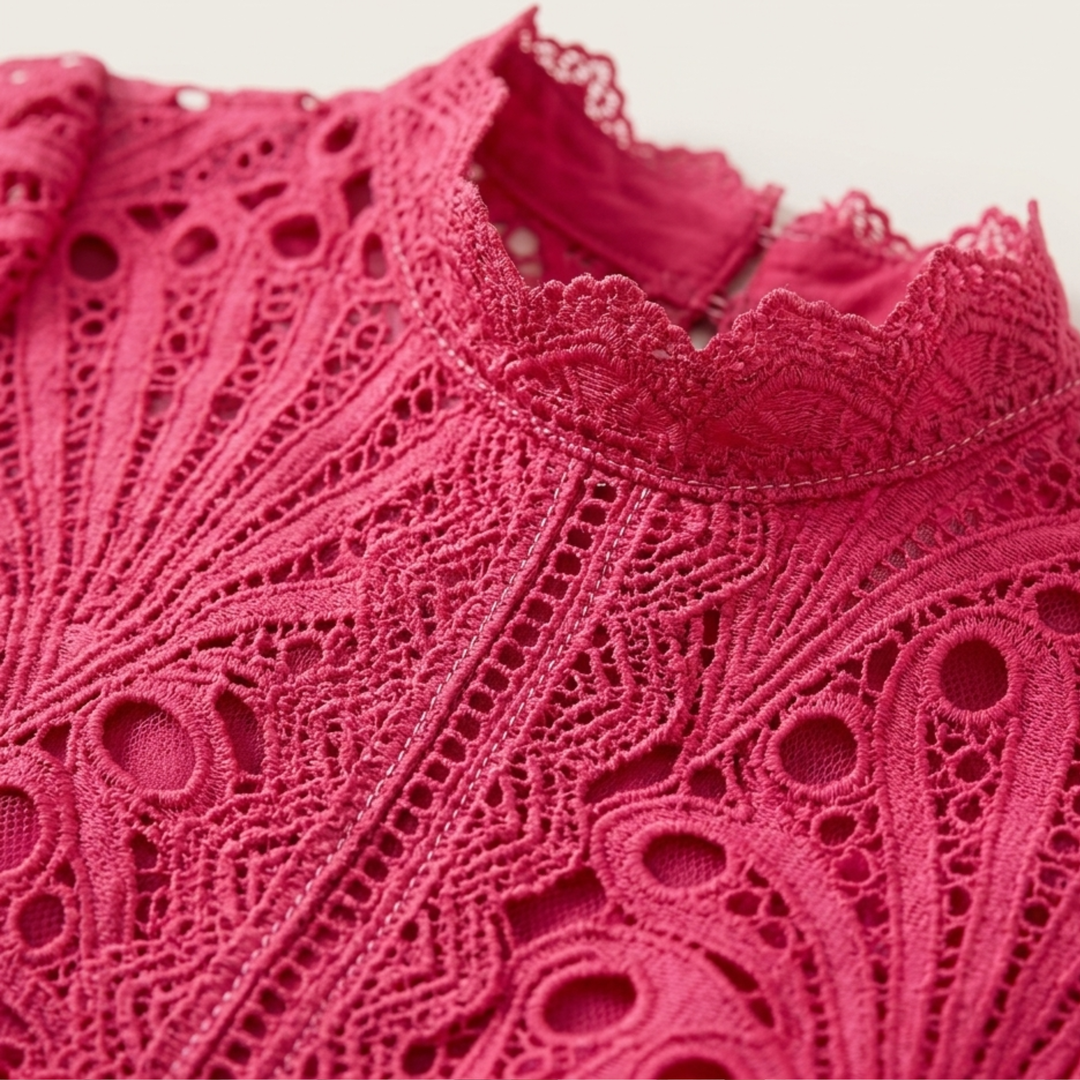 Lace Midi Dress Women High Neck Elegant Formal Party Dress