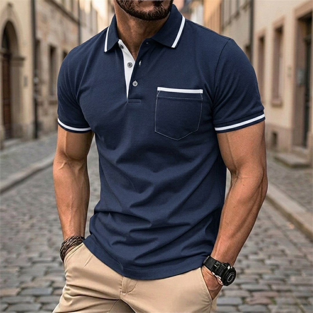 Polo Shirt Short Sleeve Contrast Trim Pocket Slim Fit Men