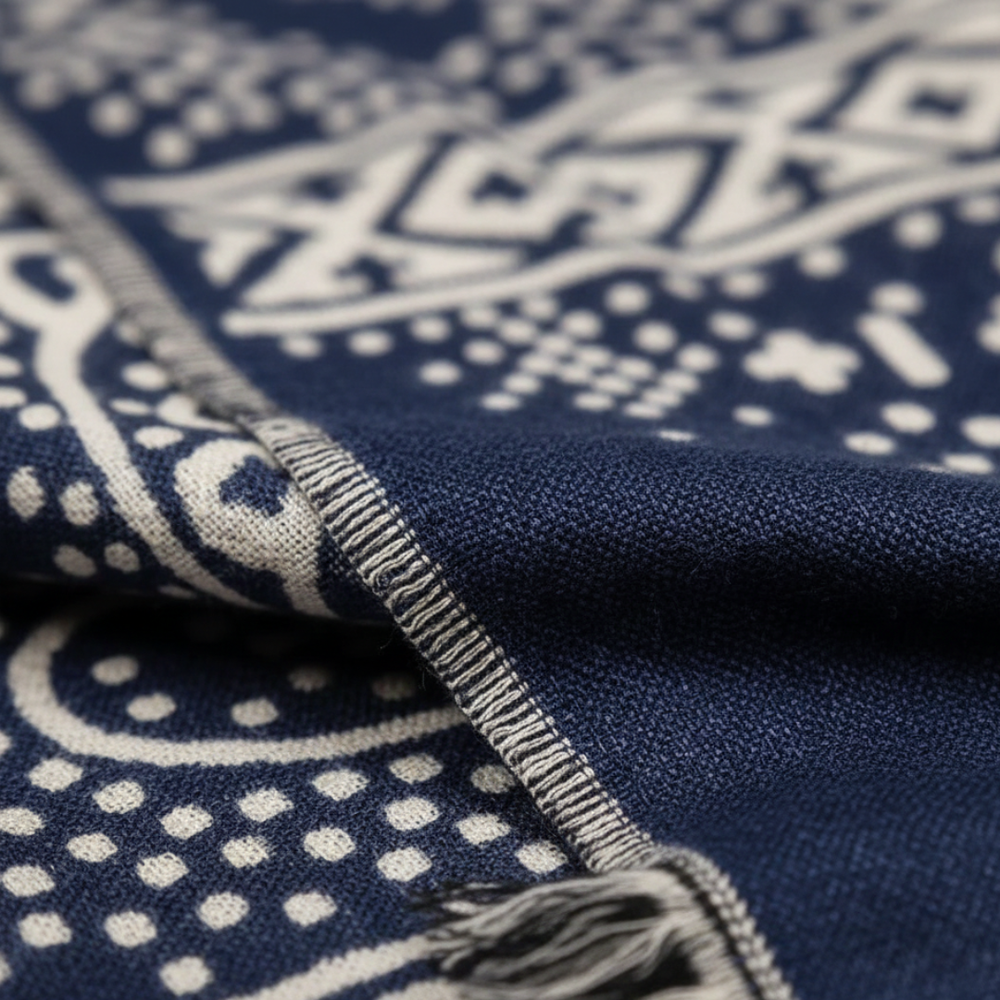 Close-up details of a blue and white geometric patterned scarf, made of 100% cotton, good for casual or polished outfits.