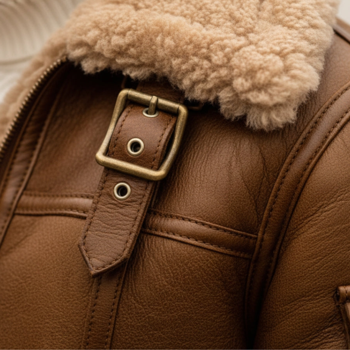 Close up front look of a brown shearling jacket, designed for warmth with a structured fit and long sleeves for winter wear.