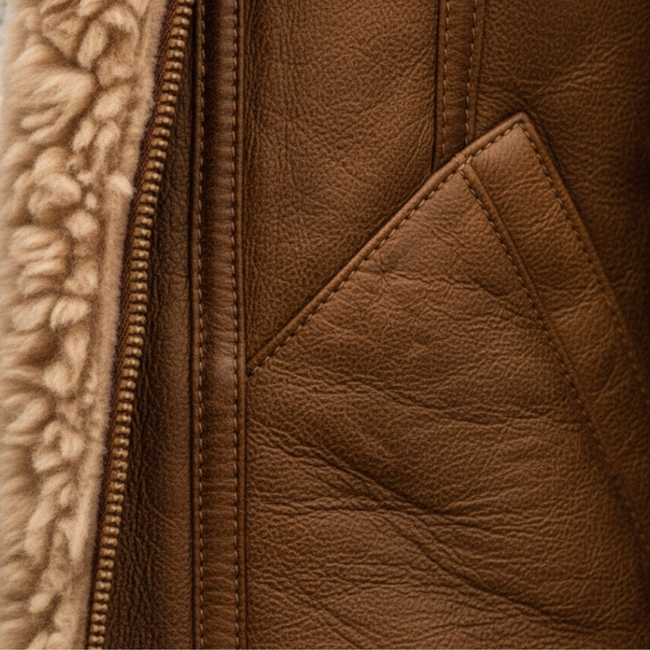 Close up front look of a brown shearling jacket, designed for warmth with a structured fit and long sleeves for winter wear.