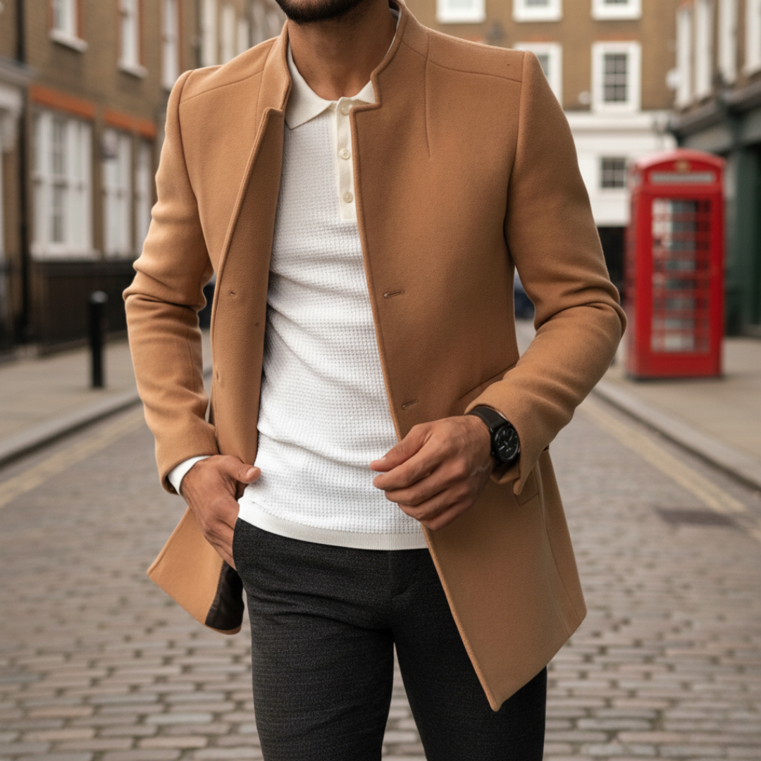 Brown coat over a white textured polo and dark pants. The man left hand adjusts the coat.