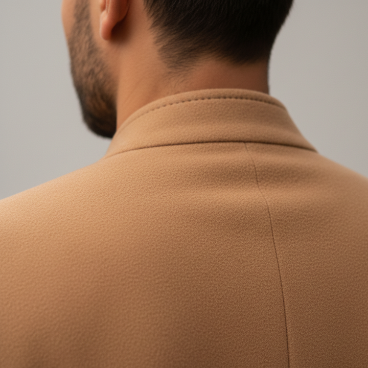 Brown coat close-up details over a white textured polo and dark pants. The man left hand adjusts the coat.