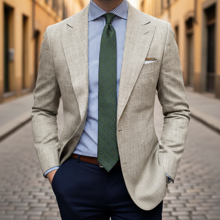A man in a suit and tie poses confidently, showcasing a refined, lightweight blazer good for work or evening events.