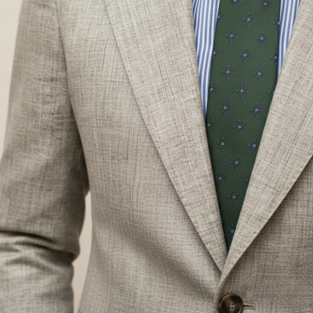 A man in a suit and tie poses confidently, showcasing a refined, lightweight blazer good for work or evening events.