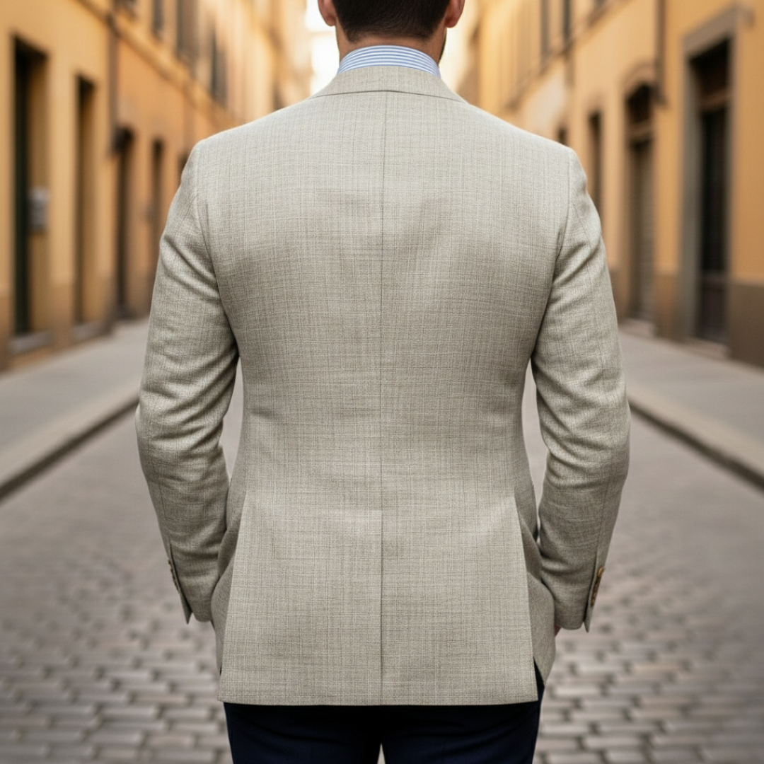 A man in a suit and tie poses confidently, showcasing a refined, lightweight blazer good for work or evening events.