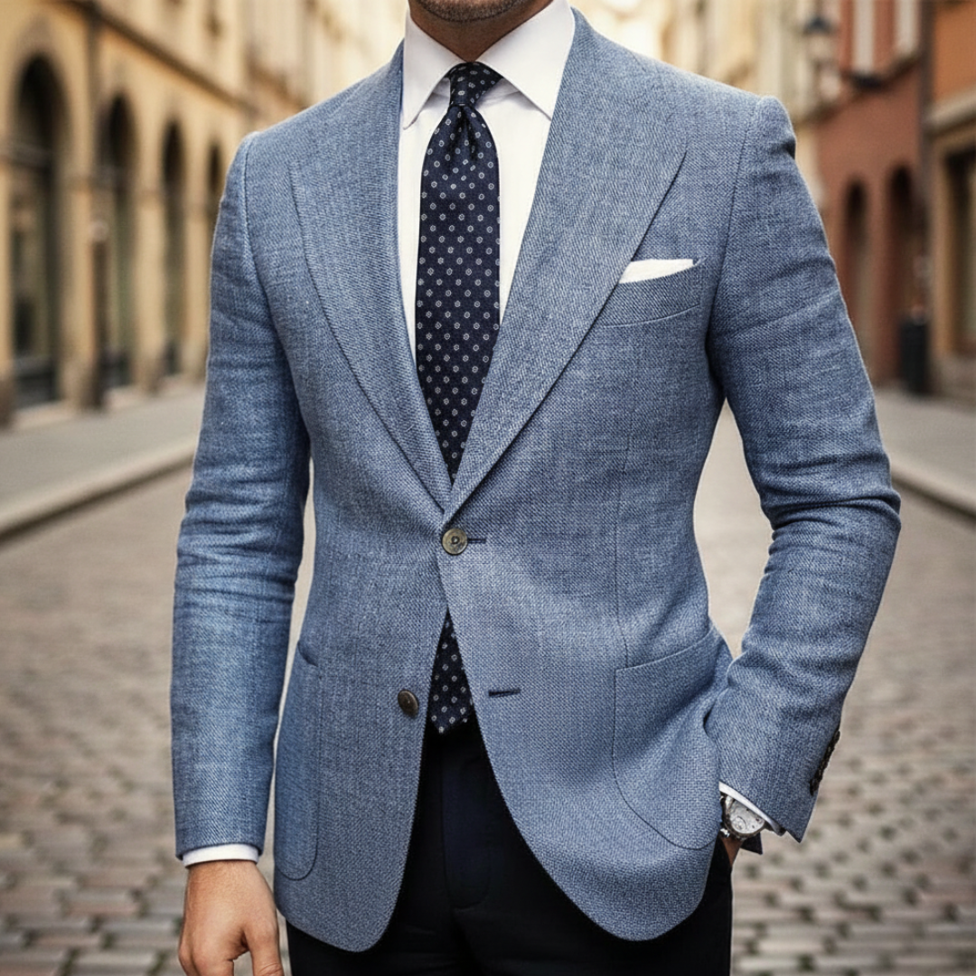 A man in a suit and tie poses confidently, showcasing a refined, lightweight blazer good for work or evening events.