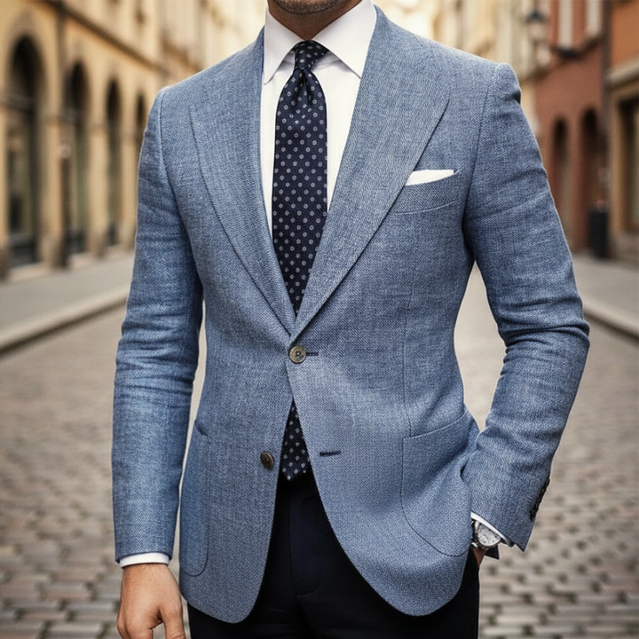 A man in a suit and tie poses confidently, showcasing a refined, lightweight blazer good for work or evening events.