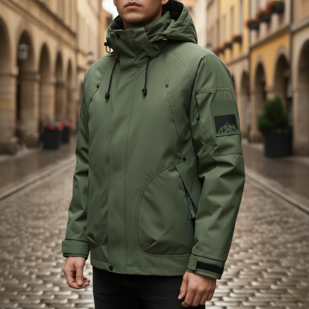 Men's hooded jacket made polyester, offering waterproof protection and a polished, streamlined fit.