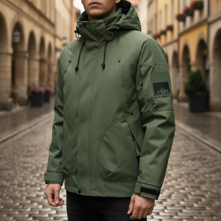 Men's hooded jacket made polyester, offering waterproof protection and a polished, streamlined fit.