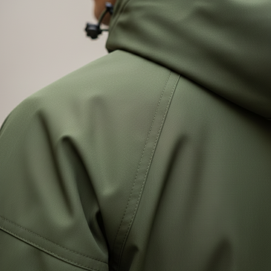Men's hooded jacket made polyester, offering waterproof protection and a polished, streamlined fit.