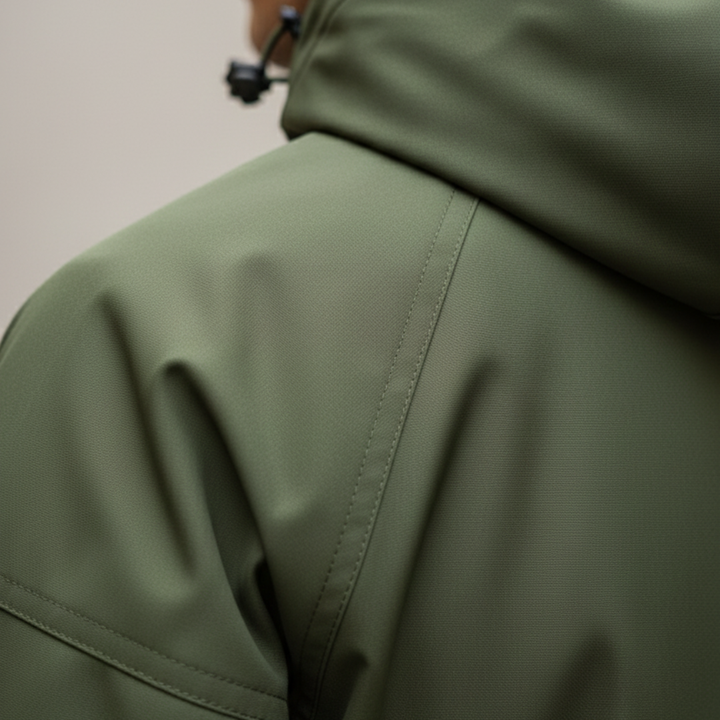 Men's hooded jacket made polyester, offering waterproof protection and a polished, streamlined fit.