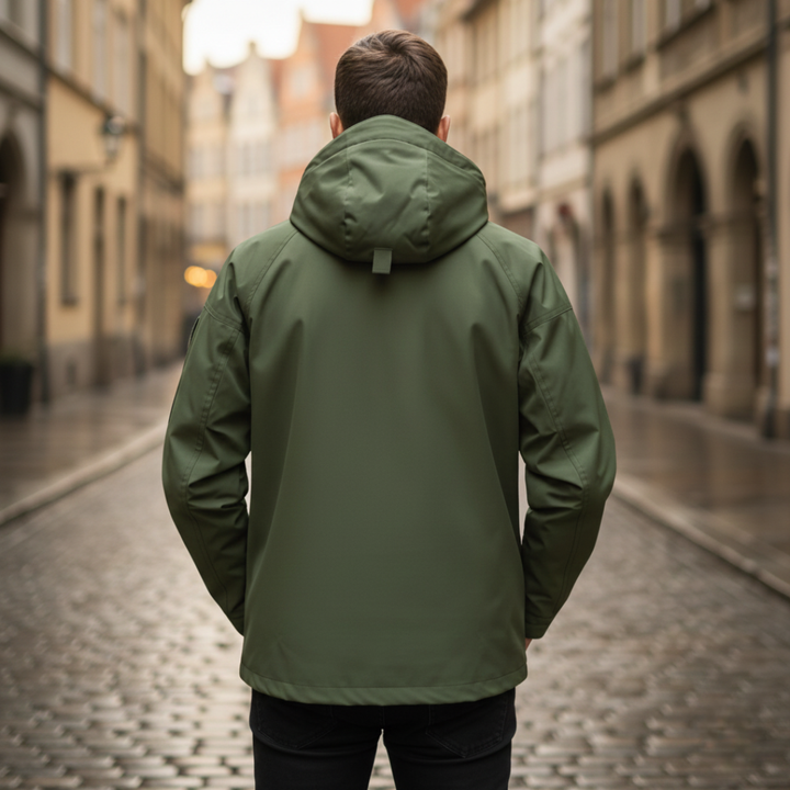 Men's hooded jacket made polyester, offering waterproof protection and a polished, streamlined fit.
