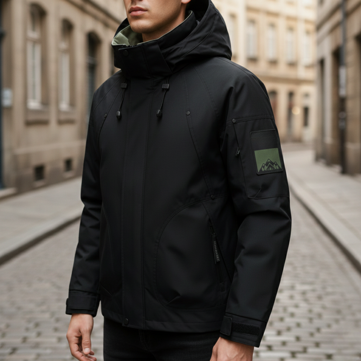 Men's hooded jacket made polyester, offering waterproof protection and a polished, streamlined fit.