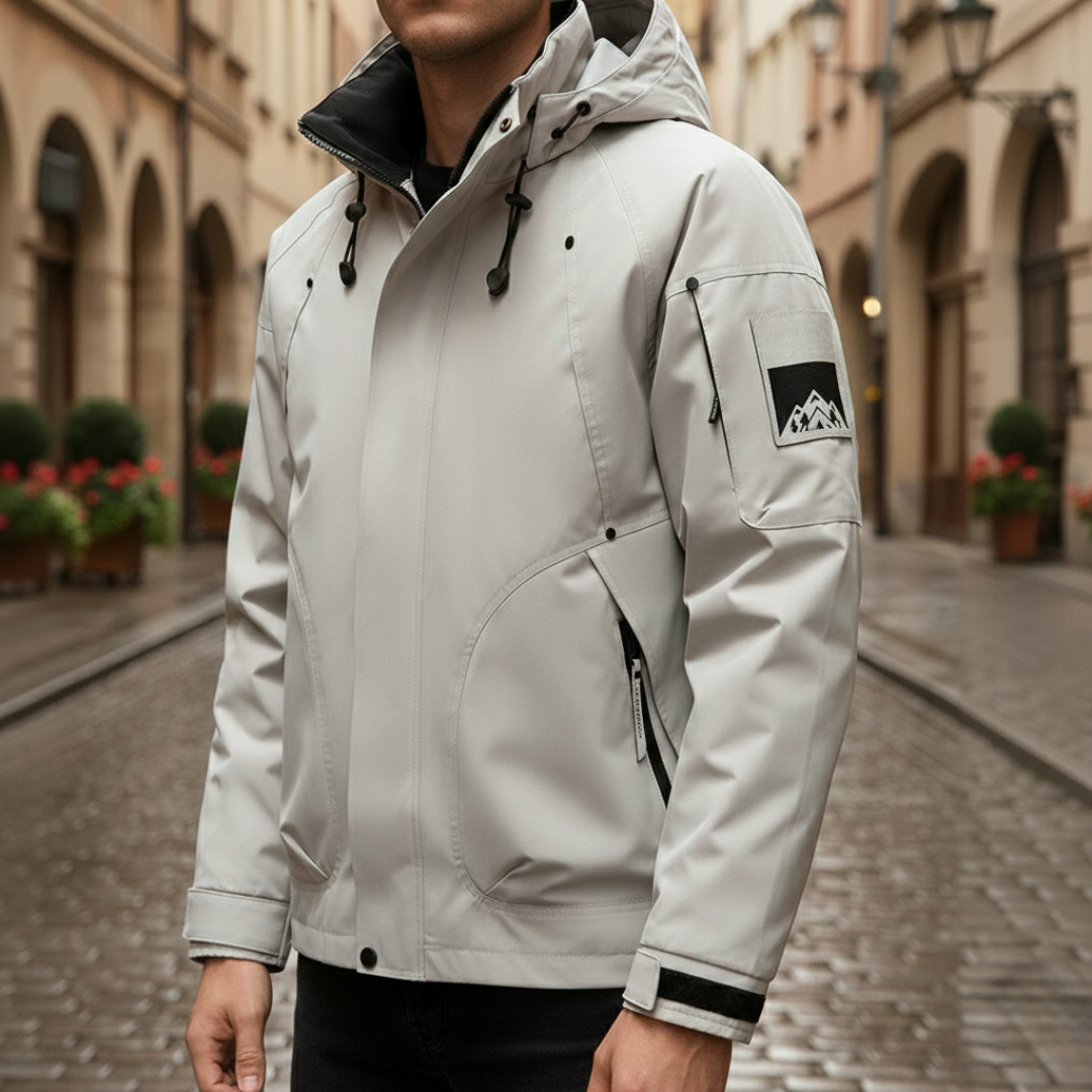Men's hooded jacket made polyester, offering waterproof protection and a polished, streamlined fit.