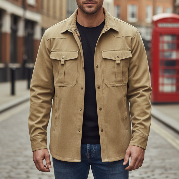 Beige Men's cotton plaid shirt jacket with a structured fit, flannel lining, dual chest pockets, and a turn-down collar.