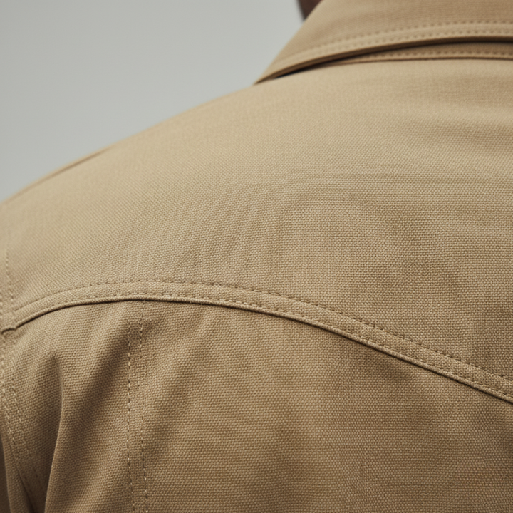 Close-up, back detailed of a beige shirt showcasing its structured design and soft flannel lining.