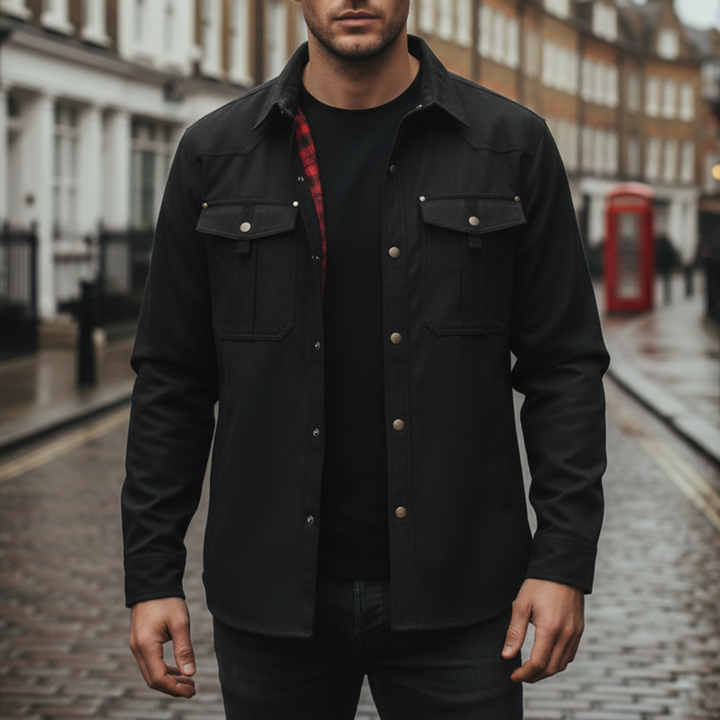 Black Men's cotton plaid shirt jacket with a structured fit, flannel lining, dual chest pockets, and a turn-down collar.