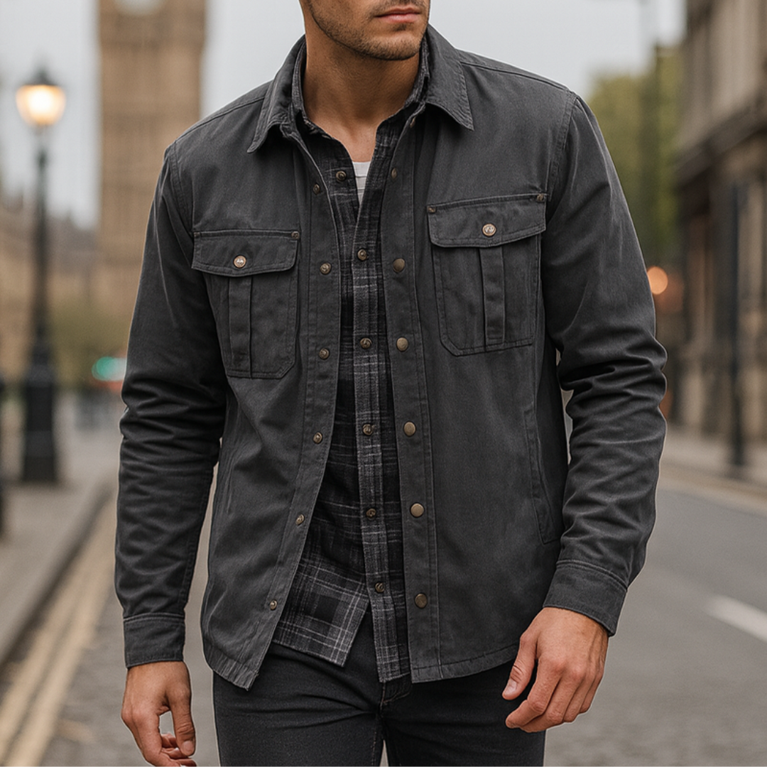 Grey Men's cotton plaid shirt jacket with a structured fit, flannel lining, dual chest pockets, and a turn-down collar.