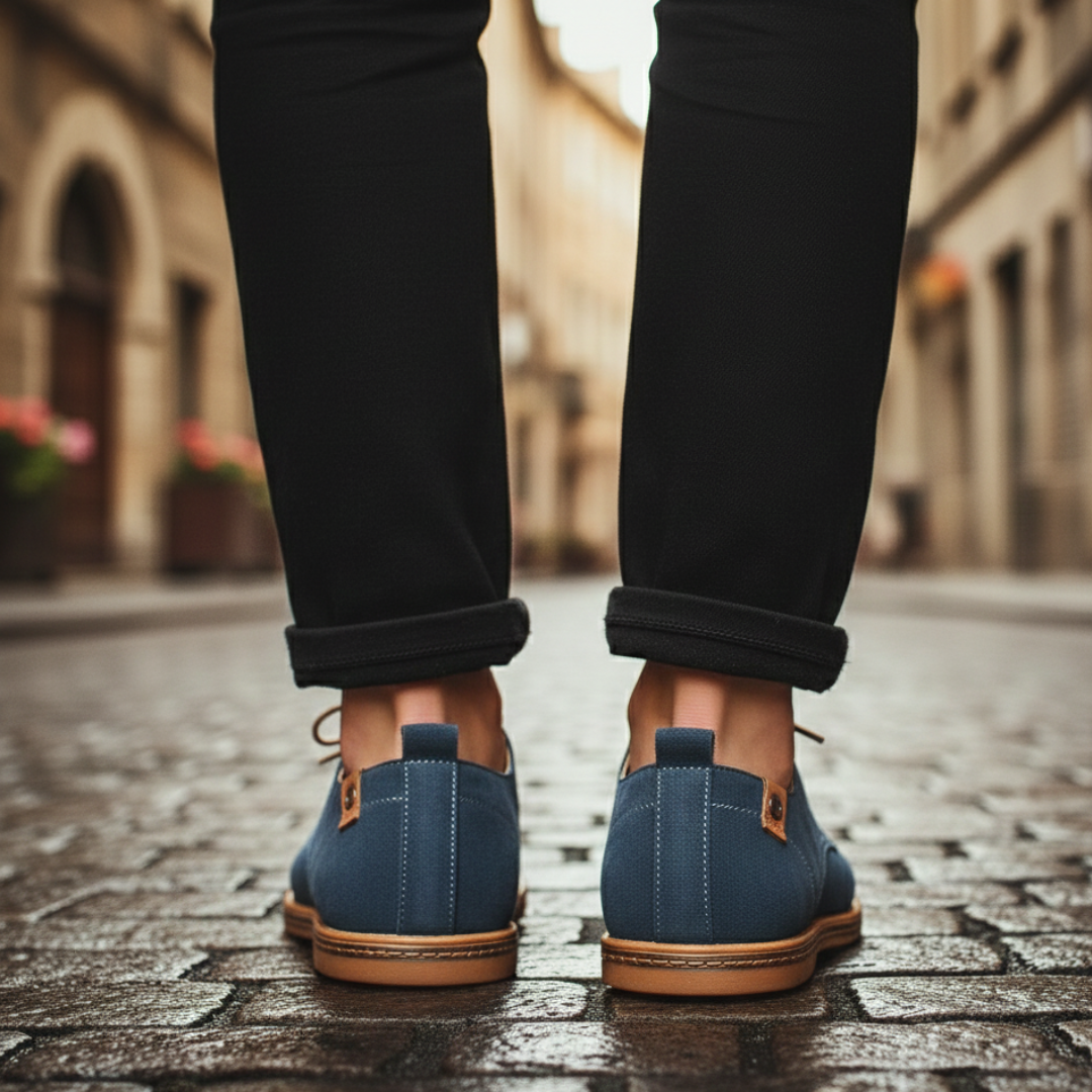 Blue suede derby shoes with a lace-up design, featuring a rounded toe and low rubber heel for smart-casual wear.