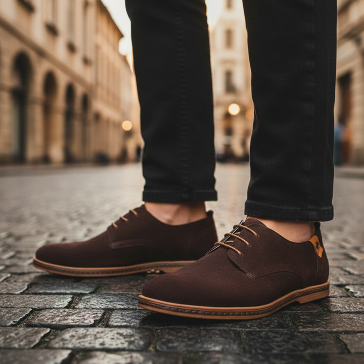 Dark brown suede derby shoes with a lace-up design, featuring a rounded toe and low rubber heel for smart-casual wear.