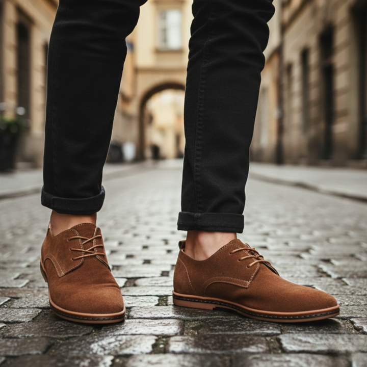 Brown suede derby shoes with a lace-up design, featuring a rounded toe and low rubber heel for smart-casual wear.