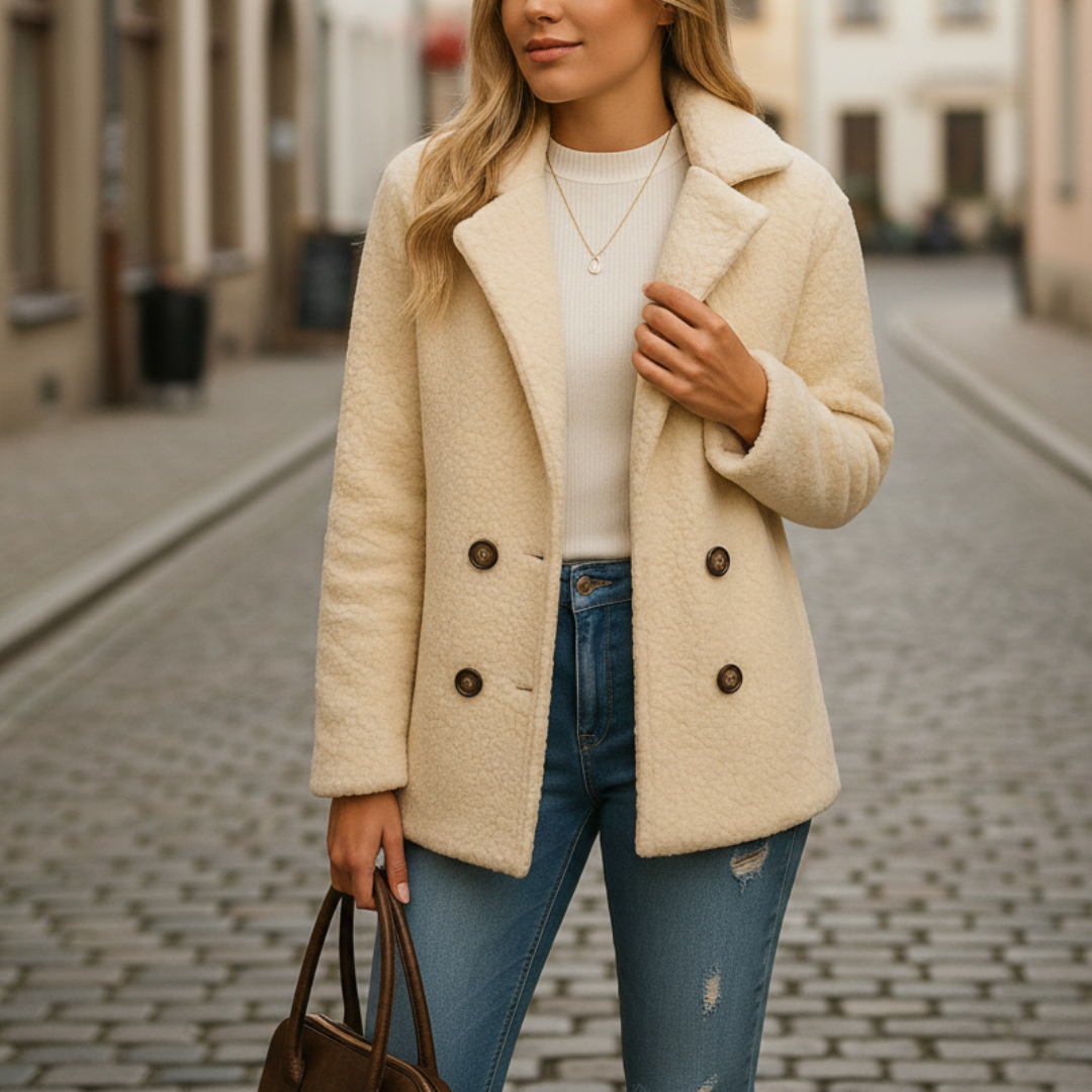 A model wears a beige double-breasted sherpa coat with jeans, good fit for cool weather.