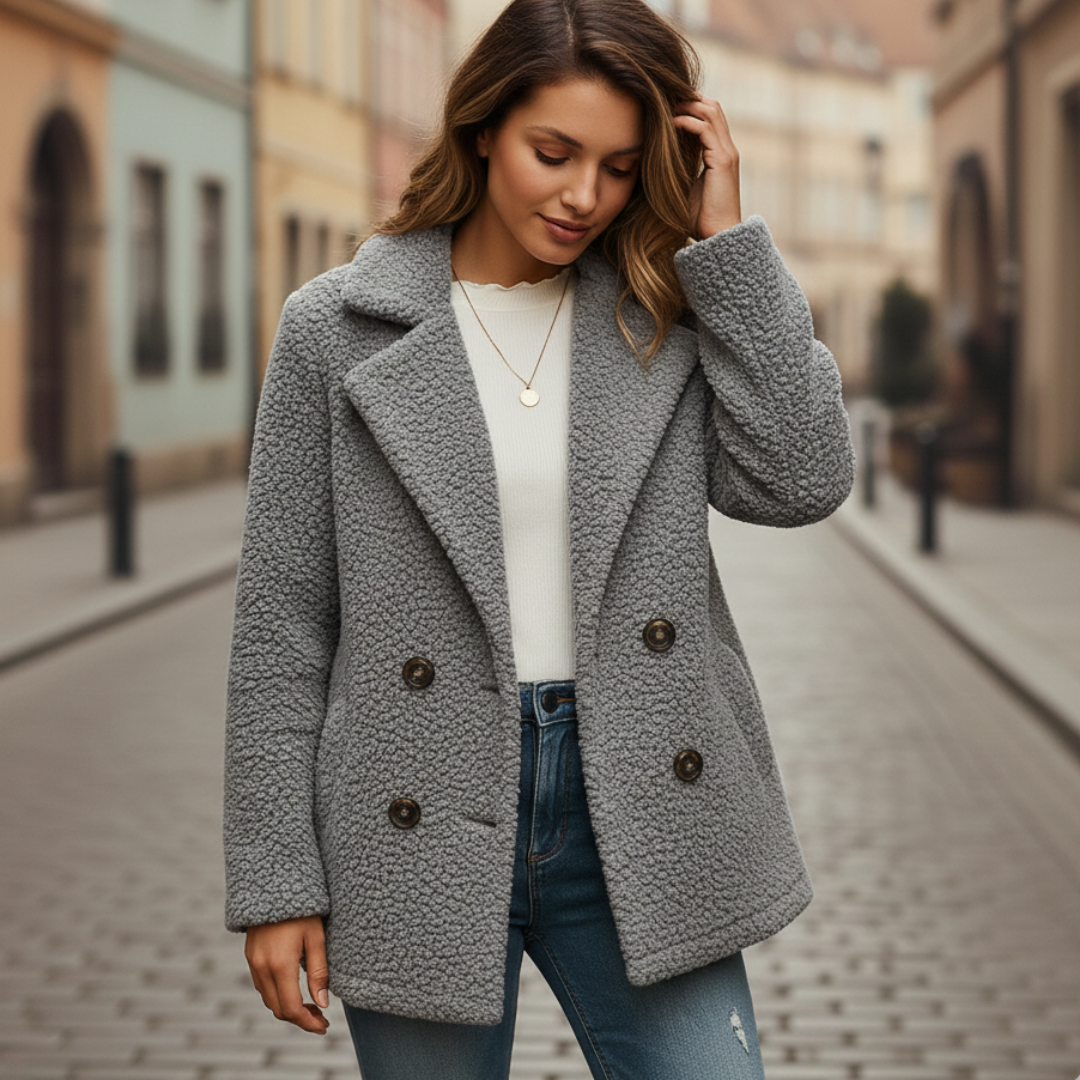 A model wears a grey double-breasted sherpa coat with jeans, good fit for cool weather.
