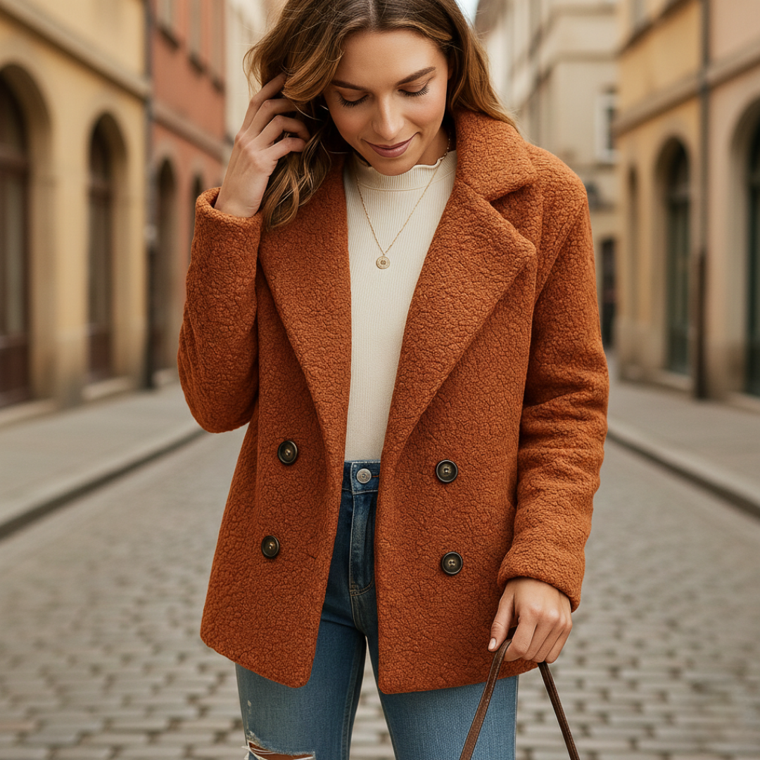A model wears a brown double-breasted sherpa coat with jeans, good fit for cool weather.