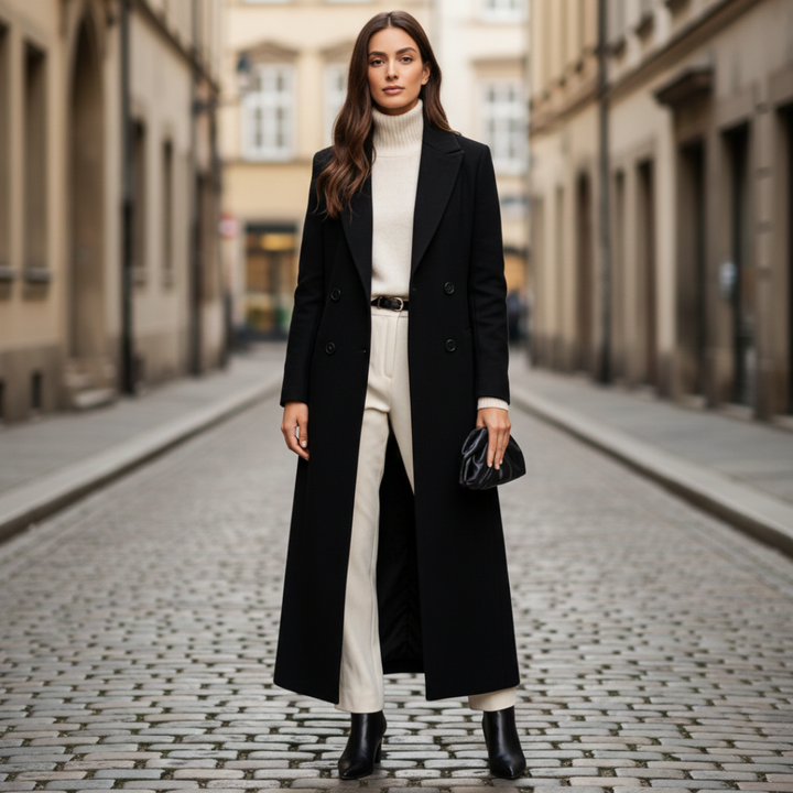 A woman in a long, tailored coat with a notched lapel, standing on a cobblestone street, exuding effortless sophistication.

