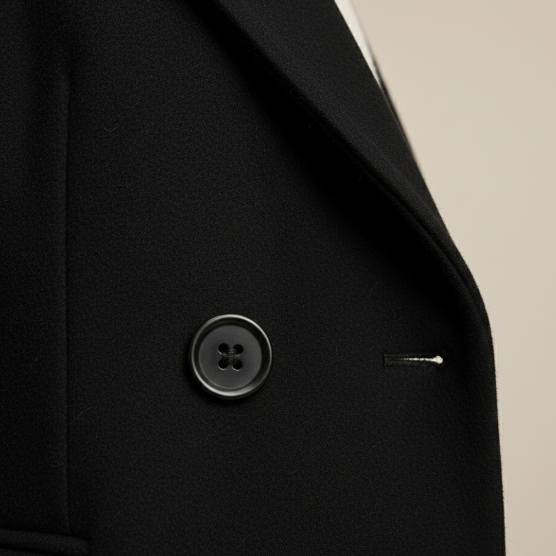 A woman in a long, tailored coat with a notched lapel, standing on a cobblestone street, exuding effortless sophistication.

