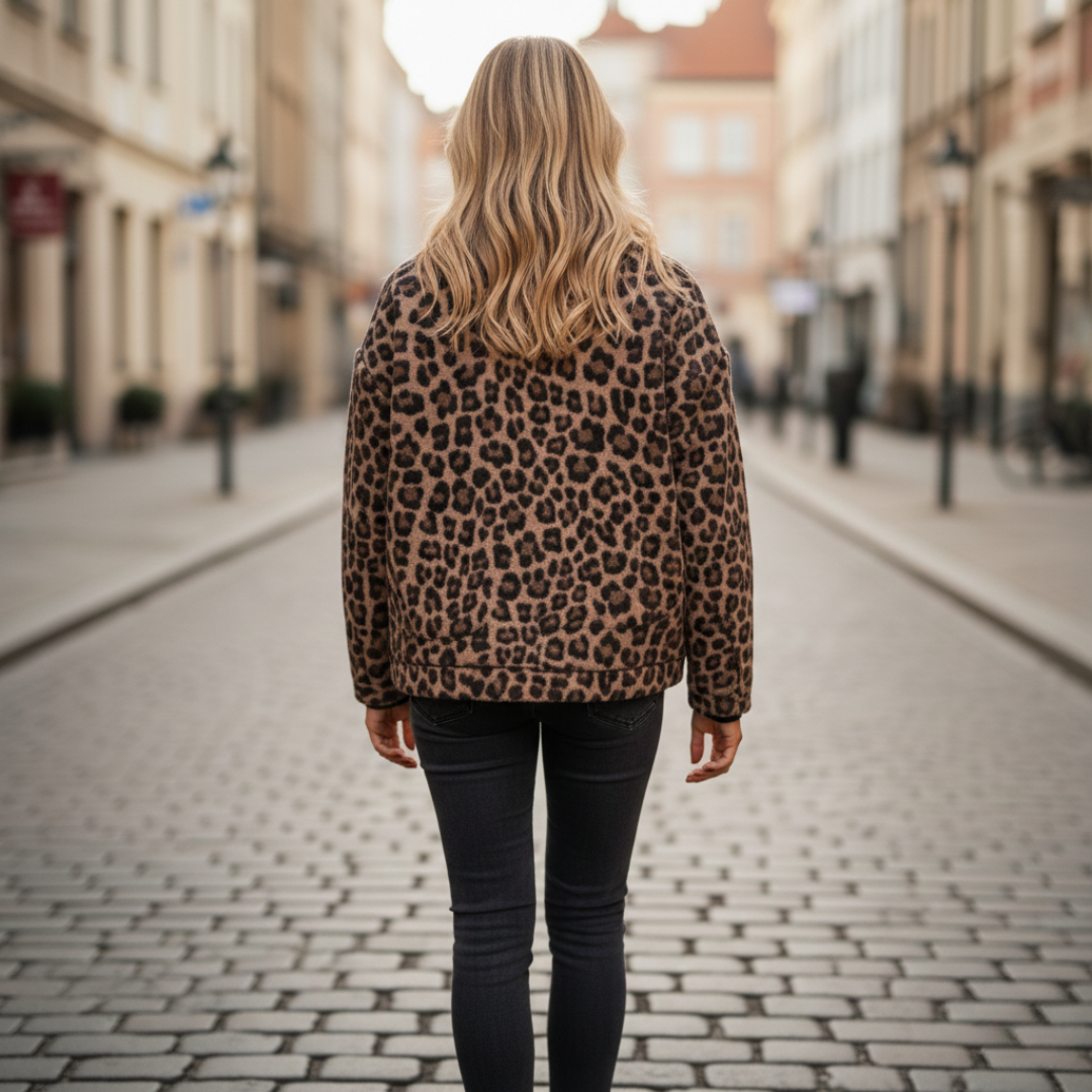 A woman models a leopard print quilted jacket with long sleeves and practical pockets, good for casual layering.
