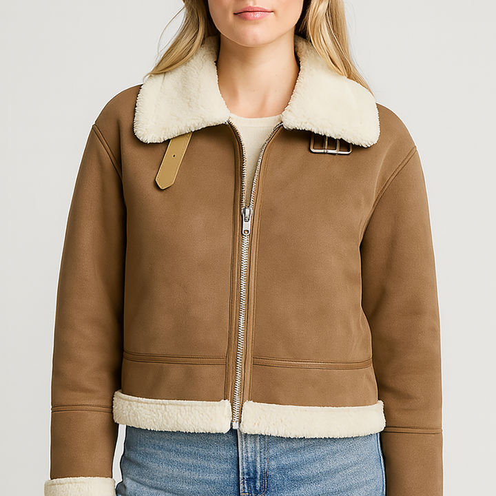 Faux suede aviator jacket with shearling lining, belted collar, and zip-front closure