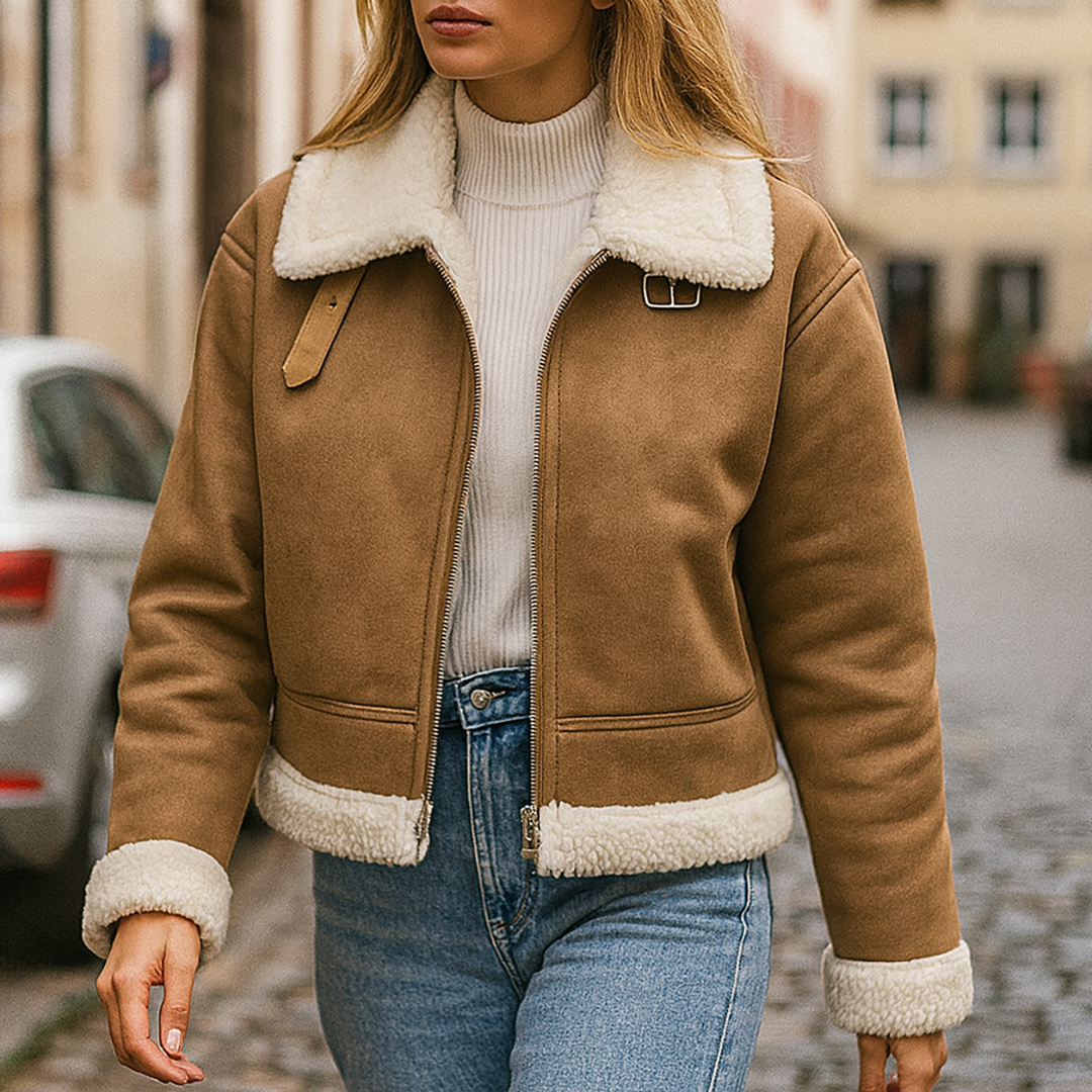 Faux suede aviator jacket with shearling lining, belted collar, and zip-front closure