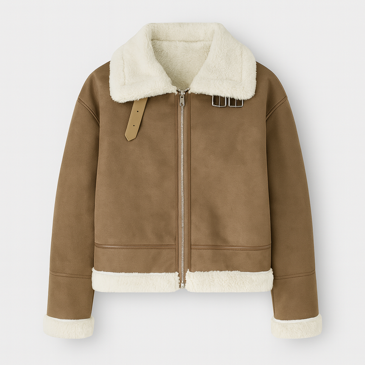 Faux suede aviator jacket with shearling lining, belted collar, and zip-front closure