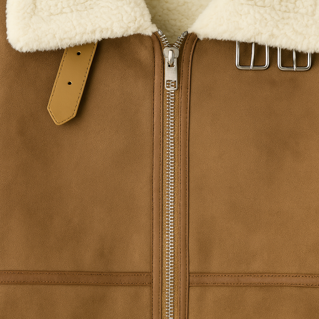 Faux suede aviator jacket with shearling lining, belted collar, and zip-front closure