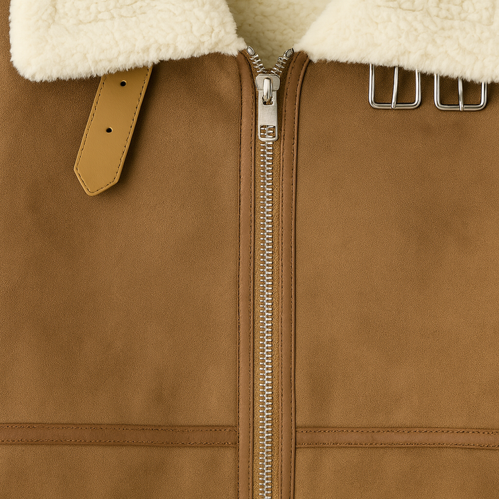 Faux suede aviator jacket with shearling lining, belted collar, and zip-front closure