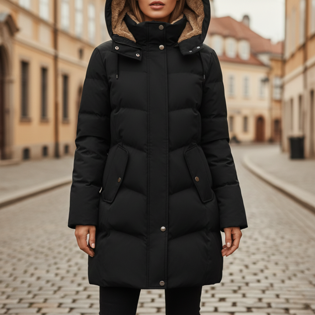  Women's black down coat with a hood, featuring a plush interior and knee-length silhouette for winter and warmth.
