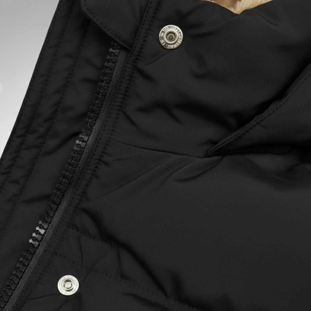 Close-up details of a black down coat with a hood, featuring a plush interior and knee-length silhouette for winter and warmth.