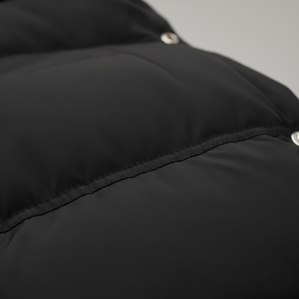 Close-up details of a black down coat with a hood, featuring a plush interior and knee-length silhouette for winter and warmth.