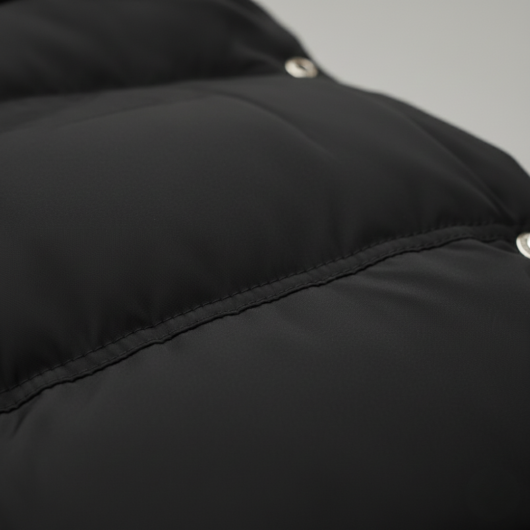 Close-up details of a black down coat with a hood, featuring a plush interior and knee-length silhouette for winter and warmth.