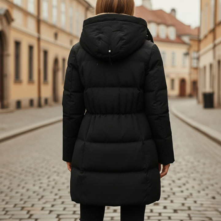  Women's black down coat with a hood, featuring a plush interior and knee-length silhouette for winter and warmth.