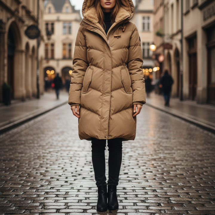  Women's beige down coat with a hood, featuring a plush interior and knee-length silhouette for winter and warmth.