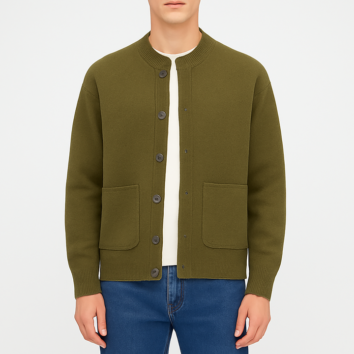 Button-up cardigan with a crew neckline, ribbed cuffs and hem, and two front patch pockets.