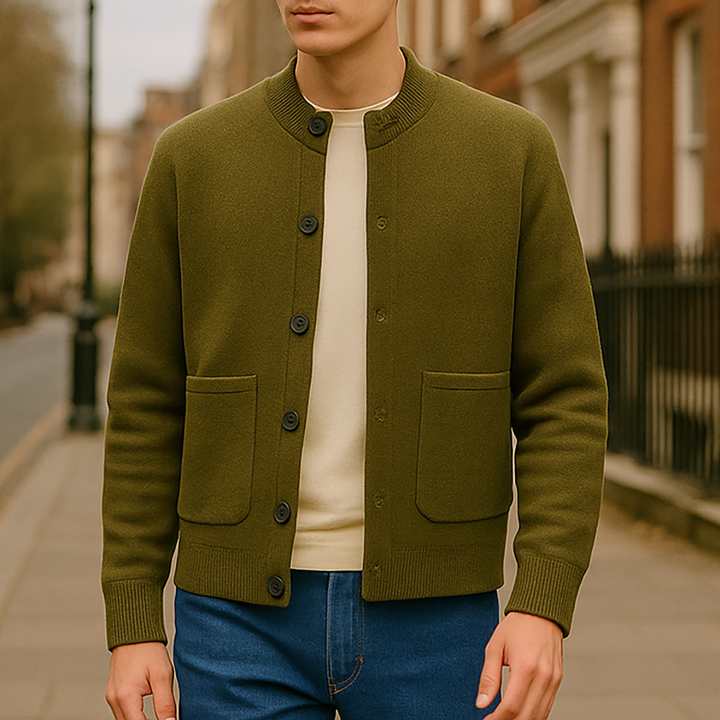 Button-up cardigan with a crew neckline, ribbed cuffs and hem, and two front patch pockets.